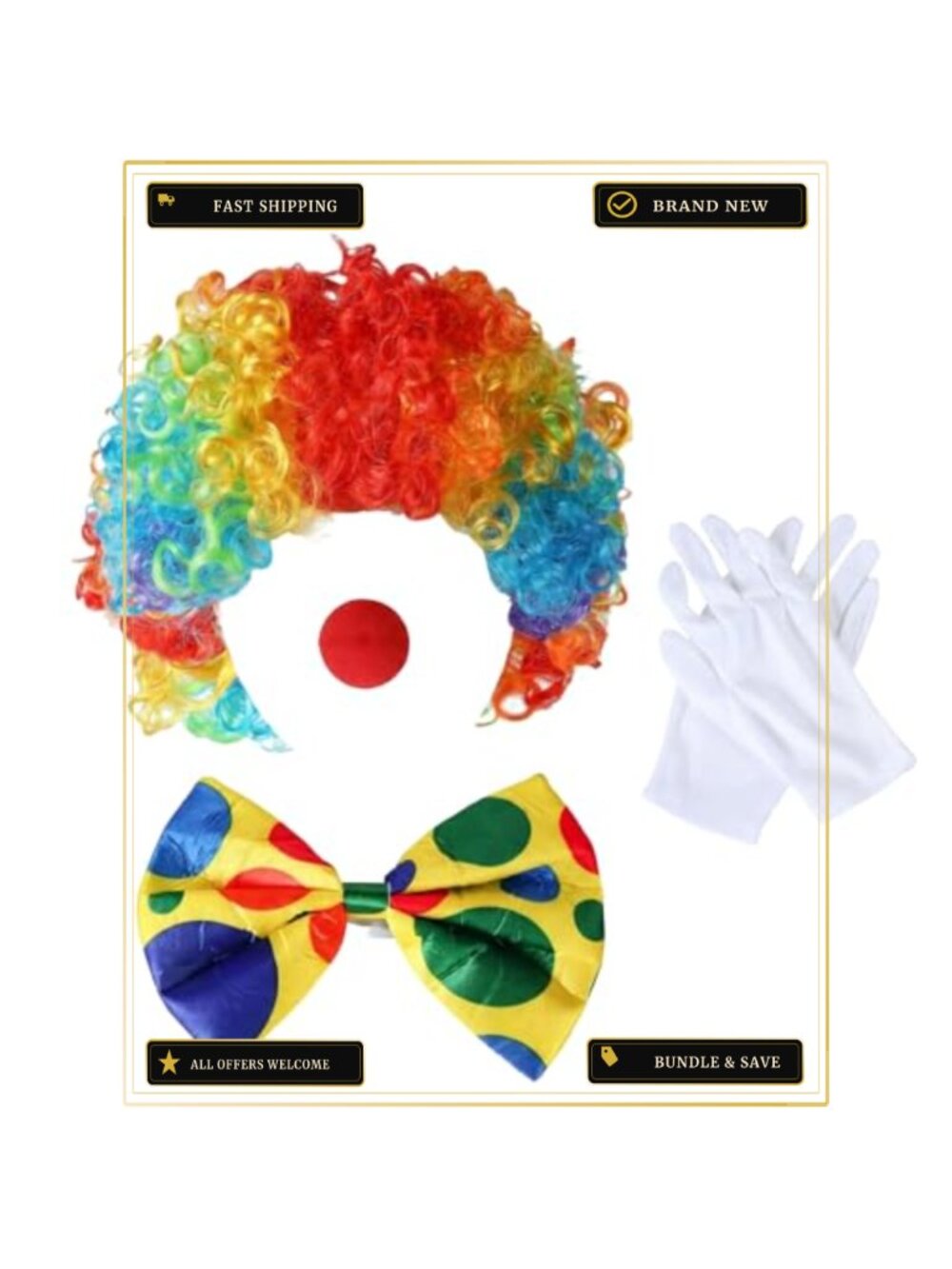 Clown Costume Set Rainbow Wig Nose Bow Tie Gloves Plush Adult One Size